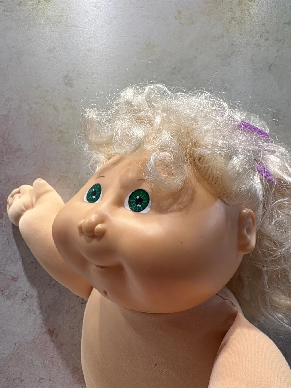 1990s Cabbage Patch cornsilk doll green eyes dimple chin purple lace up shoes